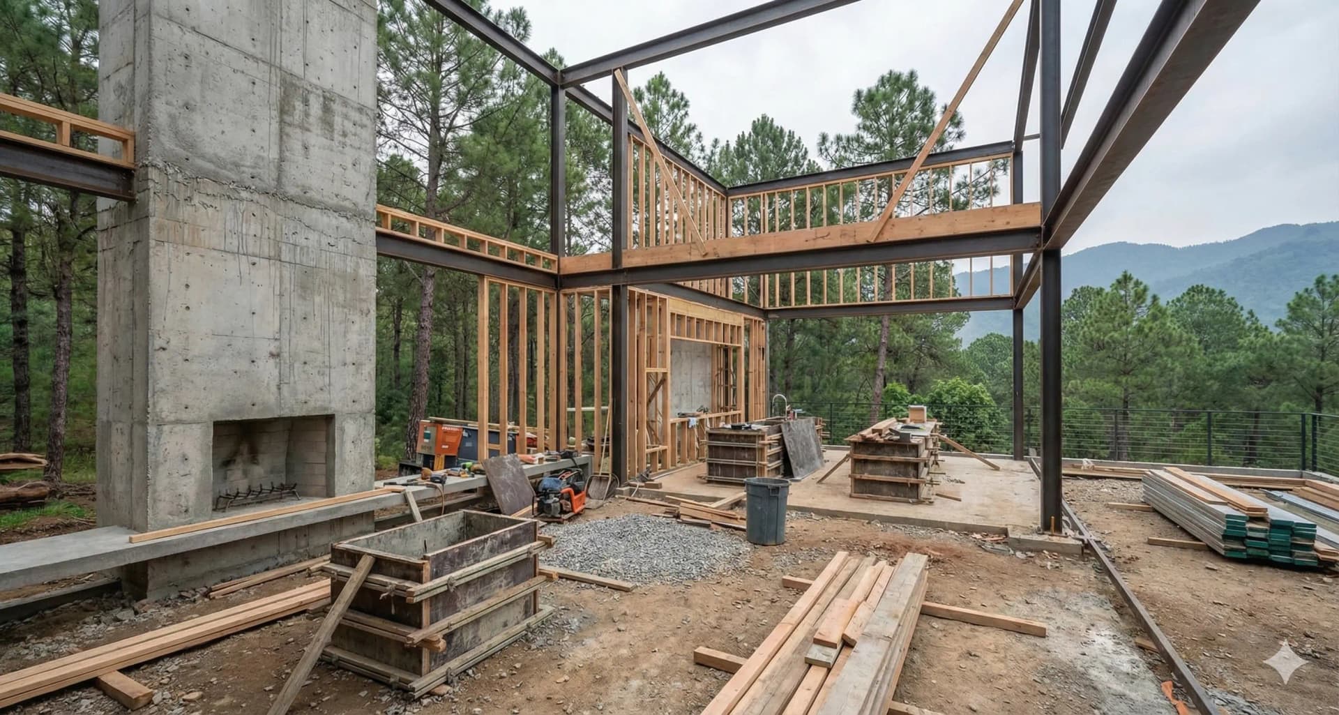 Design construction site with steel and wood framing in the forest